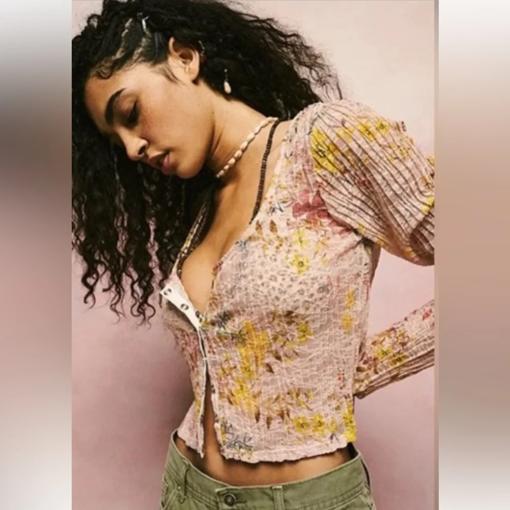 Free People Angelina Floral Long Sleeve Top in Light Combo Retail $78